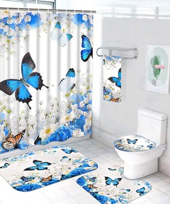 Blue Floral Flower Butterfly Print Shower Curtain with Towel SetBold Bathroom Decor