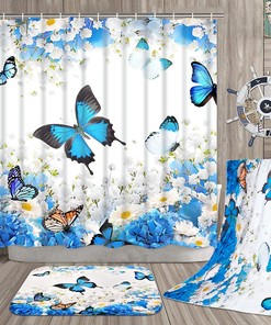Blue Floral Flower Butterfly Print Shower Curtain with Towel SetBold Bathroom Decor
