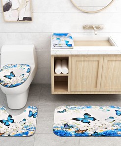 Blue Floral Flower Butterfly Print Shower Curtain with Towel SetBold Bathroom Decor