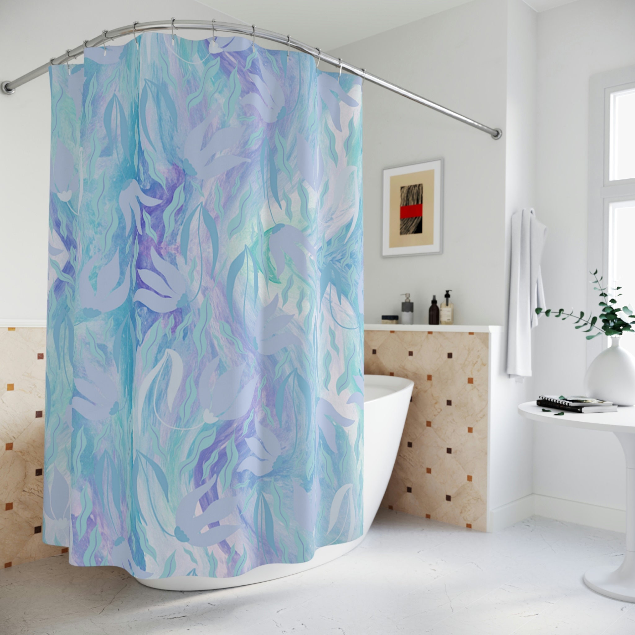 Blue Floral Marble Pattern Shower Curtain, Elegant and Trendy Design for Bathroom
