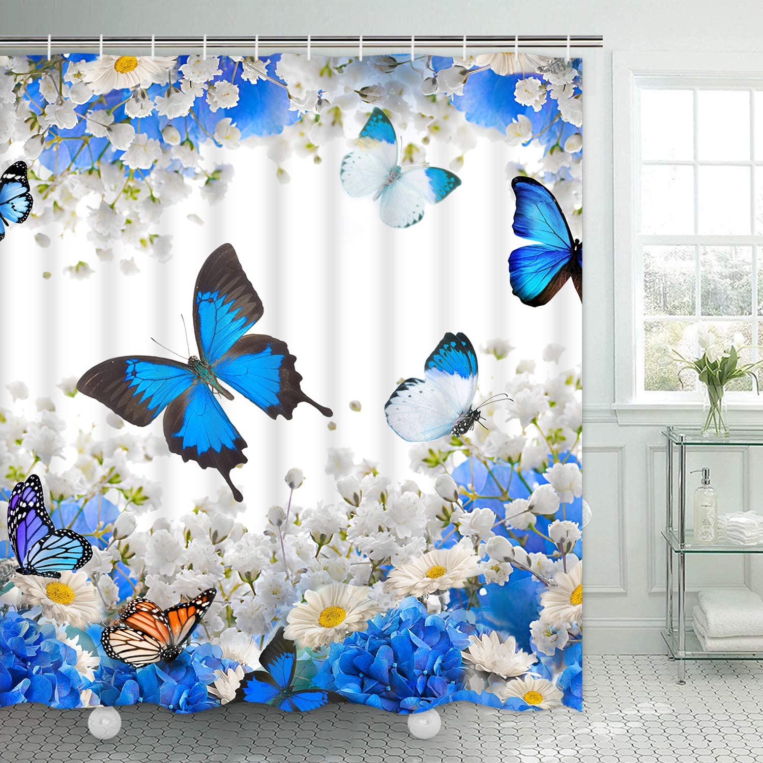 Blue Floral and Butterfly Print Shower Curtain for Bathroom by Ikfashoni