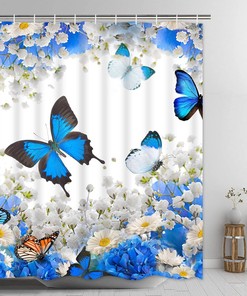 Blue Floral and Butterfly Print Shower Curtain for Bathroom by Ikfashoni