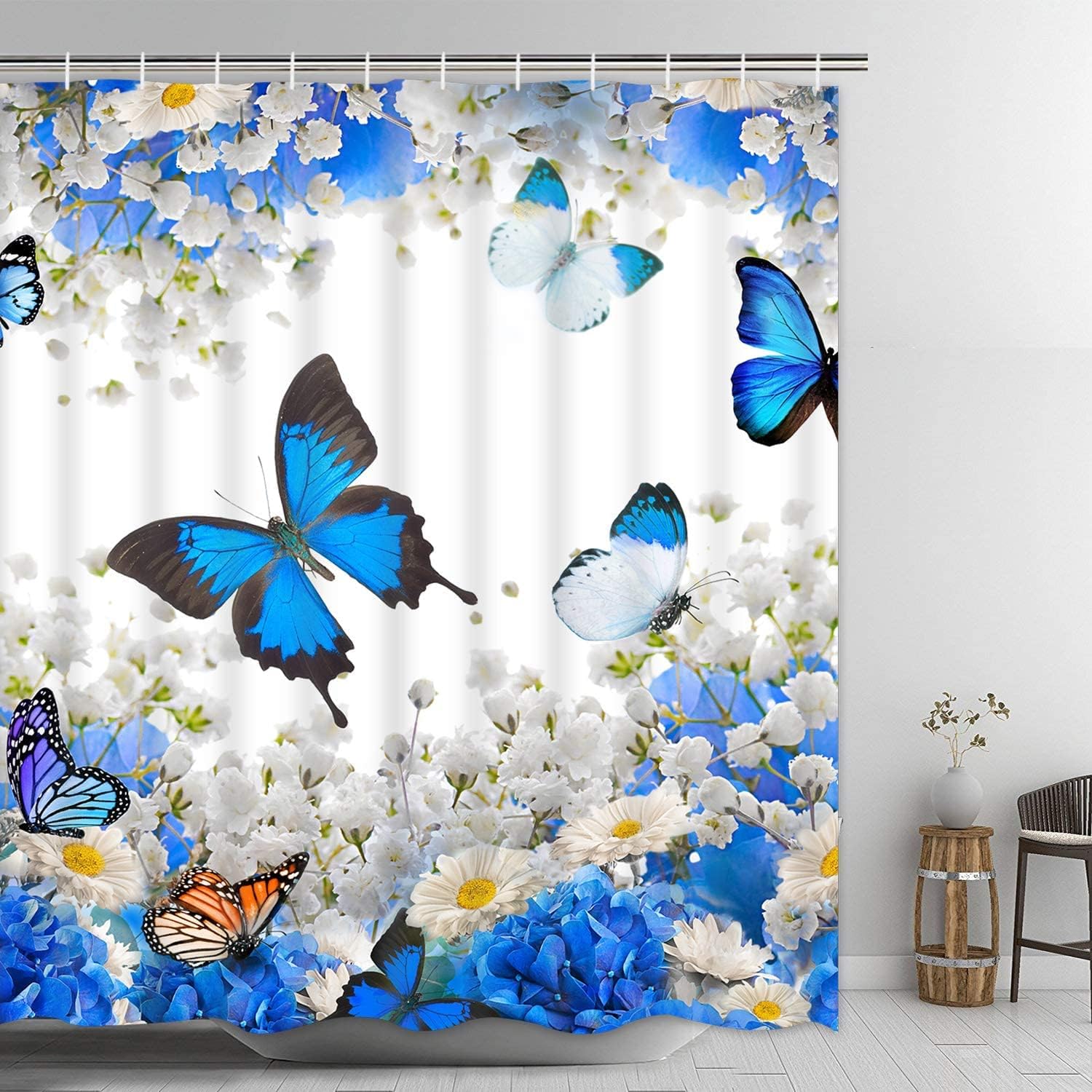 Blue Floral and Butterfly Print Shower Curtain for Bathroom by Ikfashoni