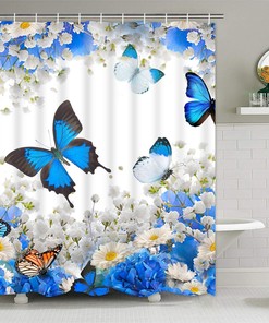 Blue Floral and Butterfly Print Shower Curtain for Bathroom by Ikfashoni