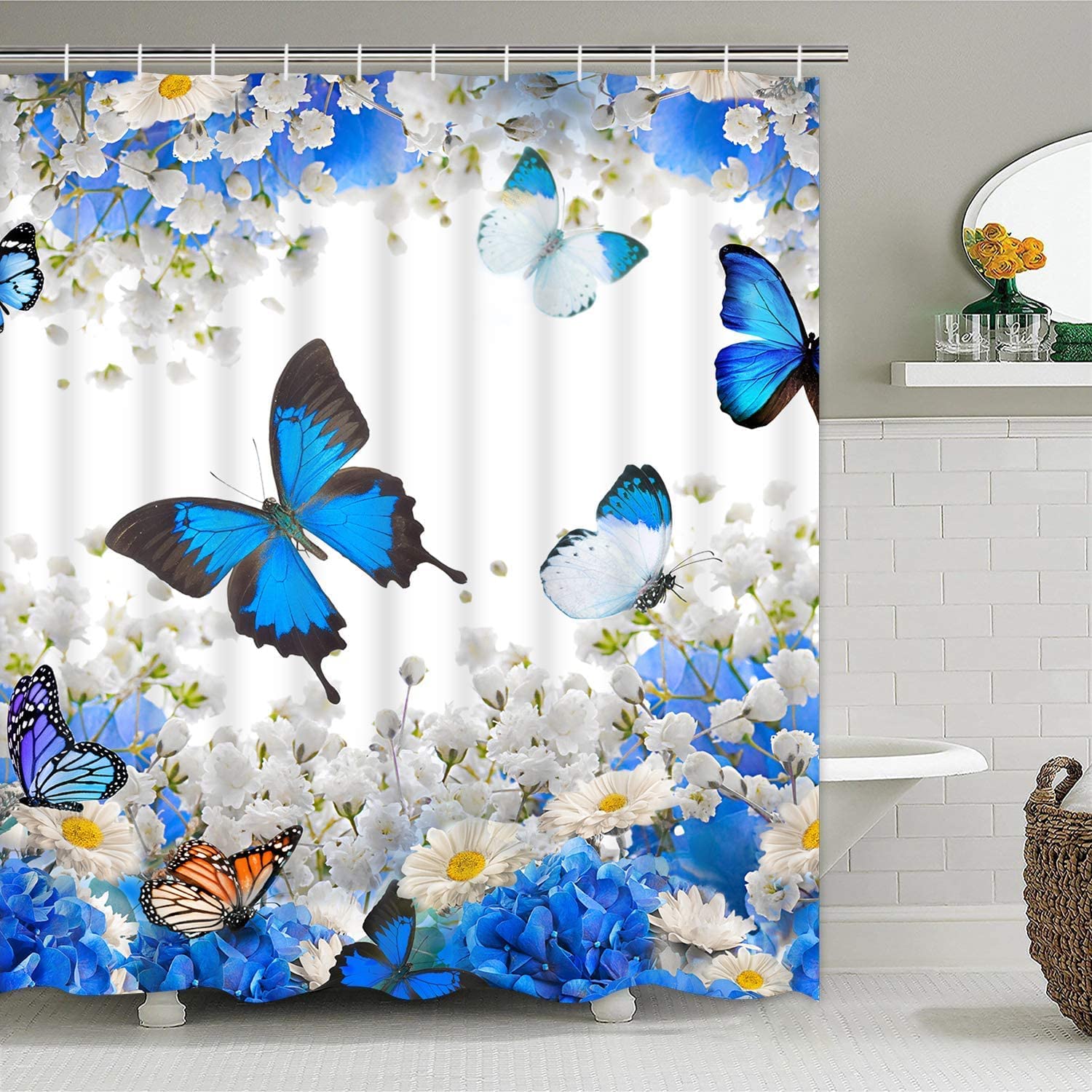 Blue Floral and Butterfly Print Shower Curtain for Bathroom by Ikfashoni
