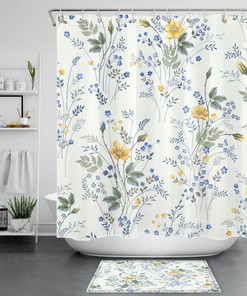 Blue Floral on White Shower Curtain with Elegant Leaf Design