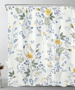 Blue Floral on White Shower Curtain with Elegant Leaf Design