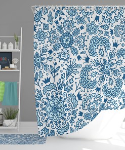 Blue Flower Butterfly Shower Curtain, Tropical Leaves Bathroom Decor