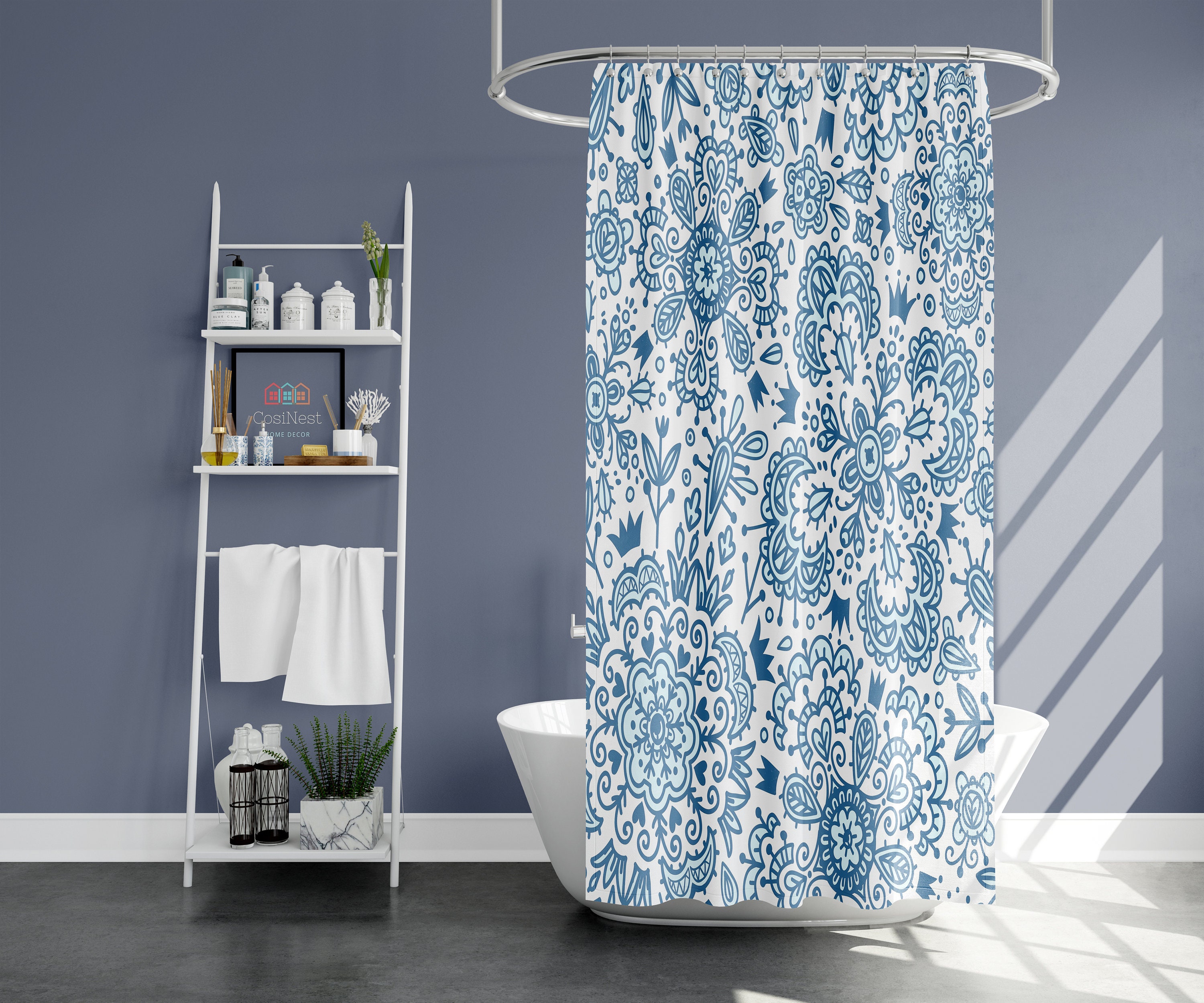 Blue Flower Butterfly Shower Curtain, Tropical Leaves Bathroom Decor - Image 2