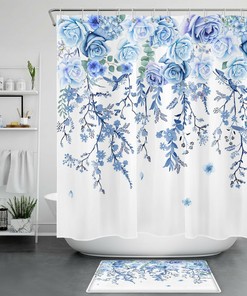Blue Flower Shower Curtain, Minimalist Bathroom Decor
