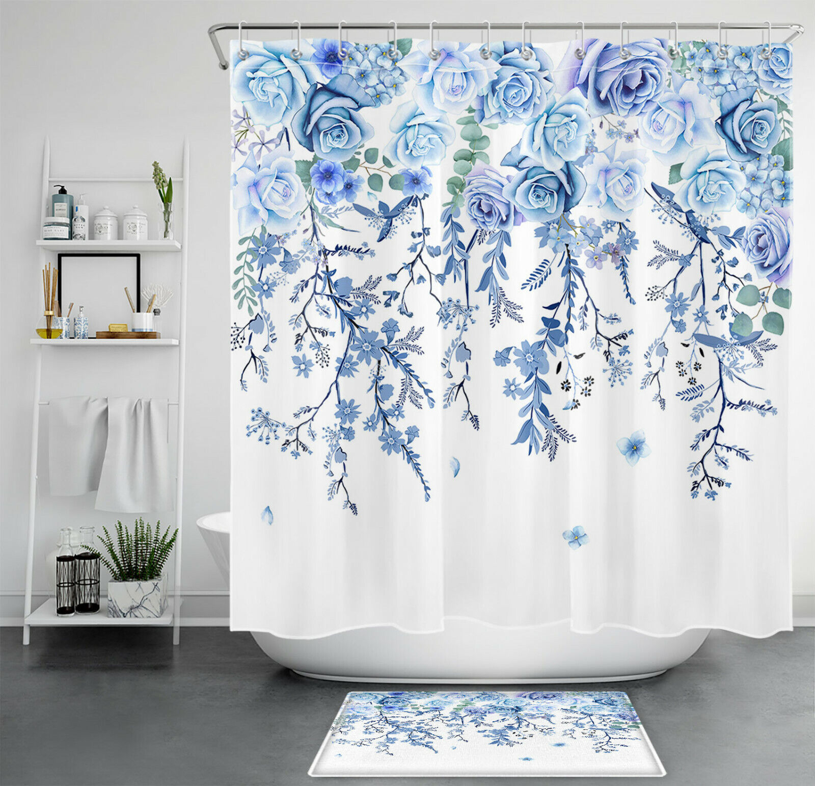Blue Flower Shower Curtain, Minimalist Bathroom Decor