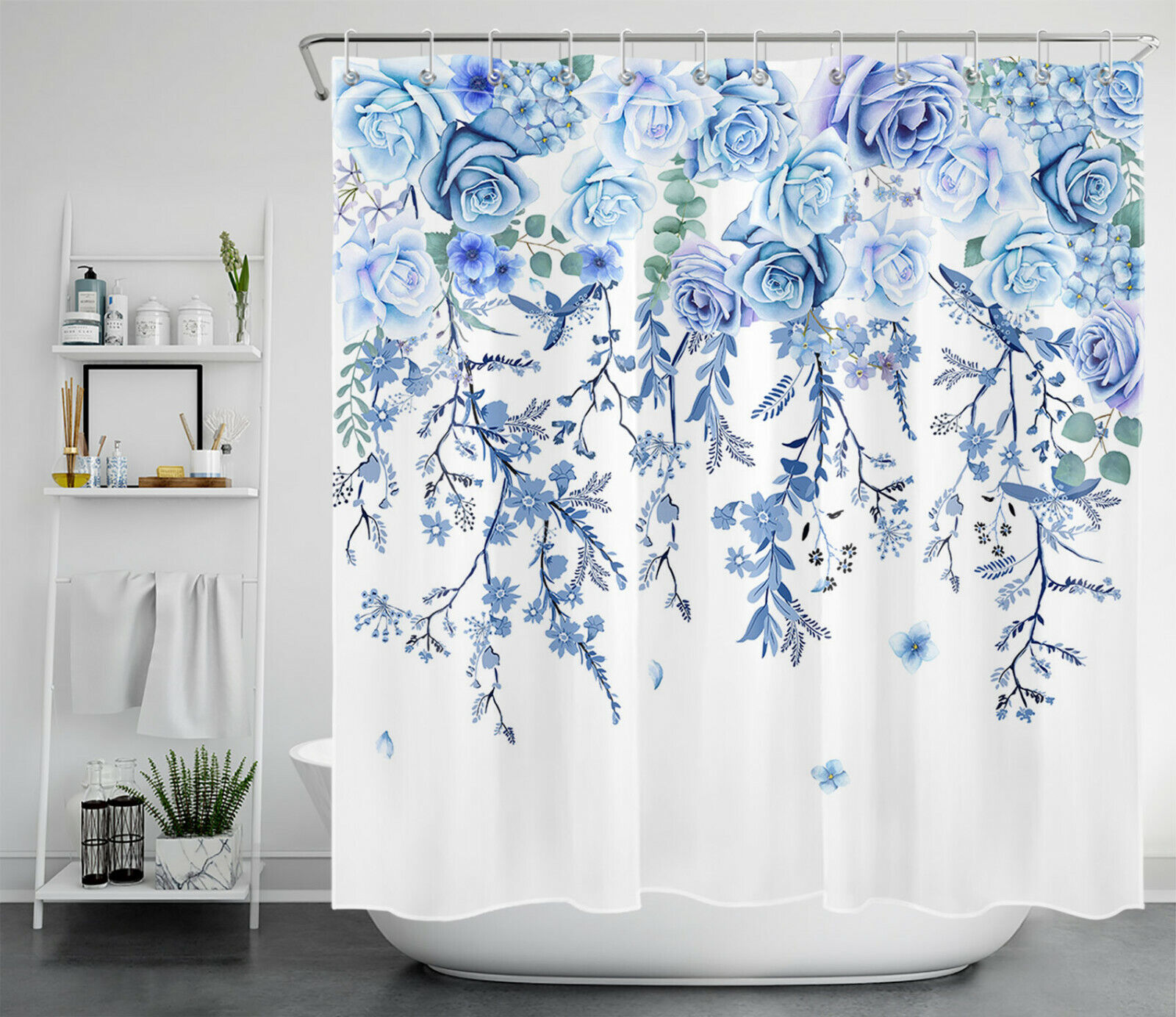 Blue Flower Shower Curtain, Minimalist Bathroom Decor - Image 2