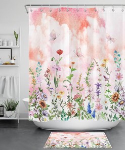 Blue Flowers Botanical Shower Curtain with Pink Floral Pattern