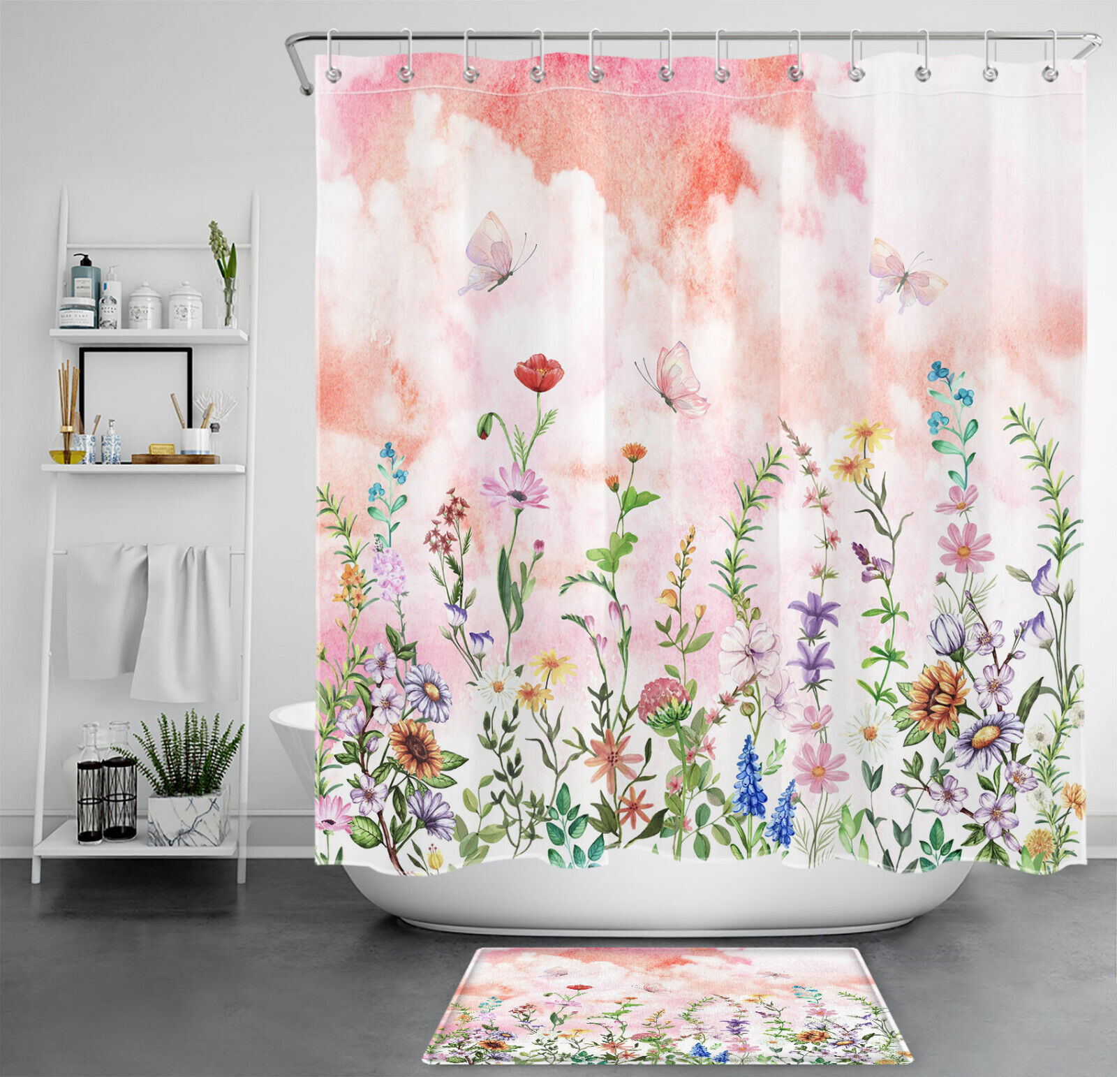 Blue Flowers Botanical Shower Curtain with Pink Floral Pattern