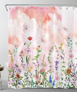Blue Flowers Botanical Shower Curtain with Pink Floral Pattern