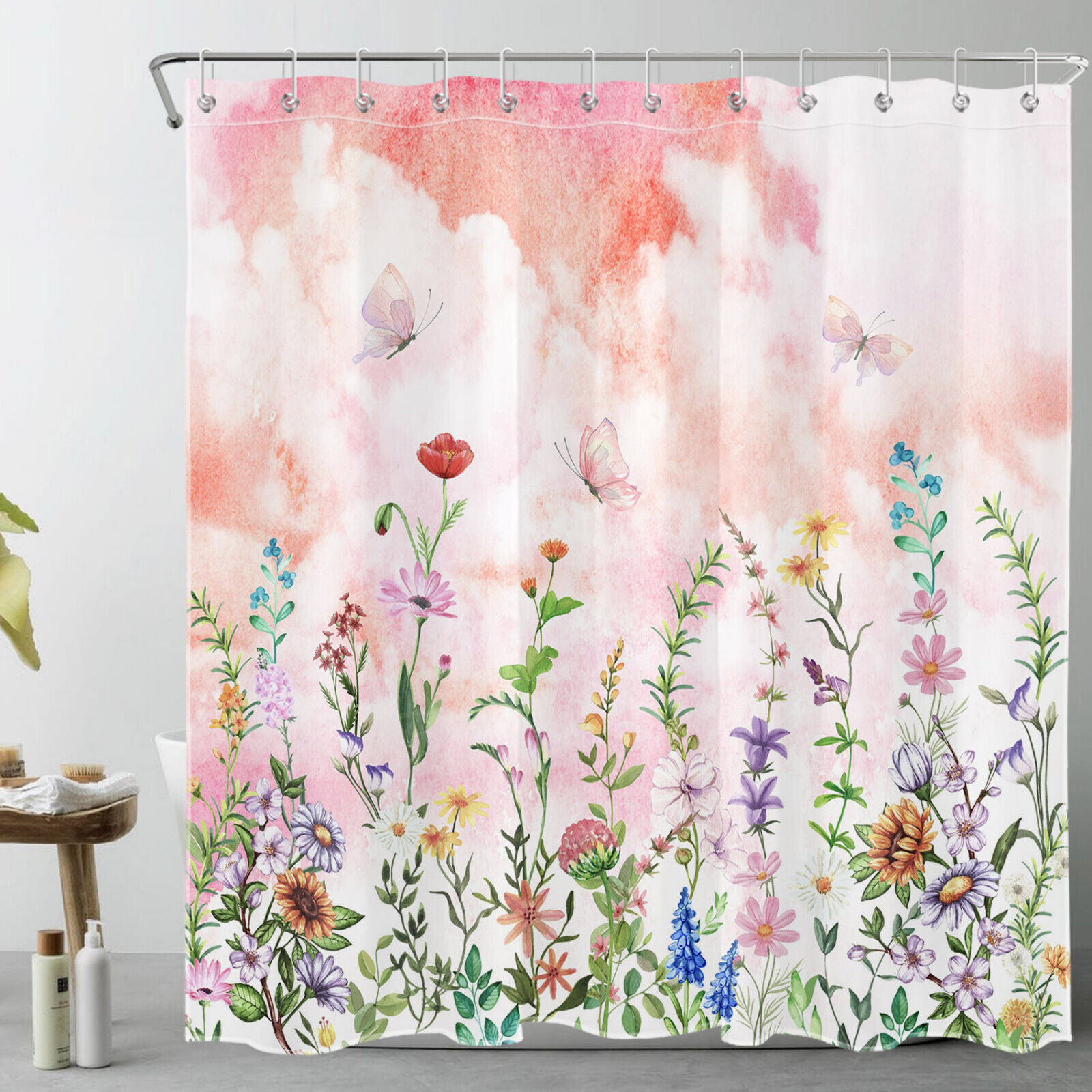 Blue Flowers Botanical Shower Curtain with Pink Floral Pattern