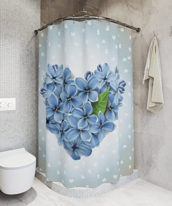 Blue Flowers In Heart Shape Shower Curtain For Artistic Bathroom Decor