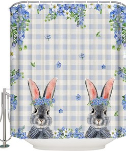 Blue Flowers Plaid Shower Curtain - LB Easter Bunny Spring Floral Bathroom Decor