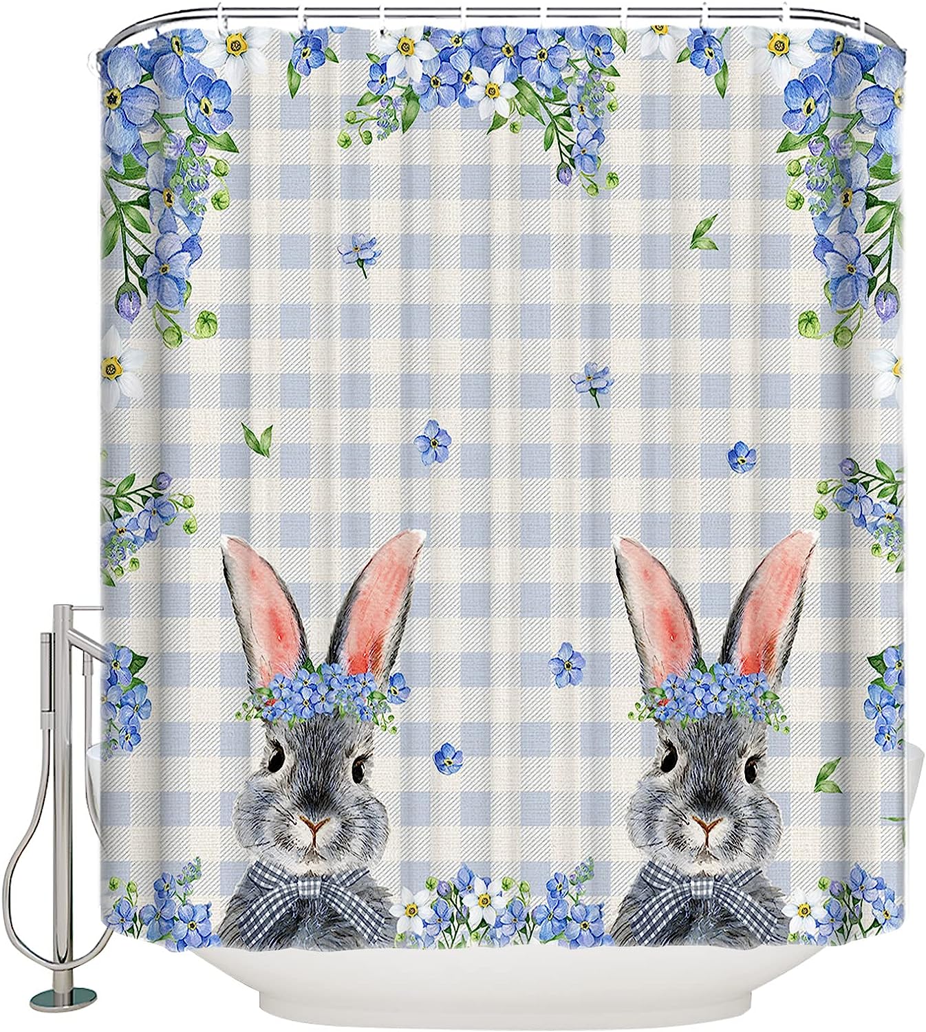 Blue Flowers Plaid Shower Curtain - LB Easter Bunny Spring Floral Bathroom Decor