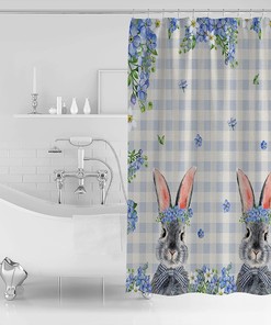 Blue Flowers Plaid Shower Curtain - LB Easter Bunny Spring Floral Bathroom Decor