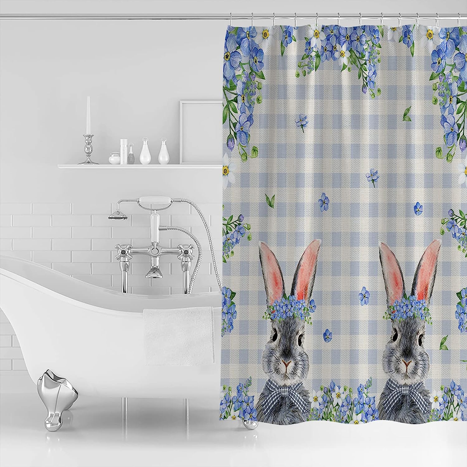 Blue Flowers Plaid Shower Curtain - LB Easter Bunny Spring Floral Bathroom Decor