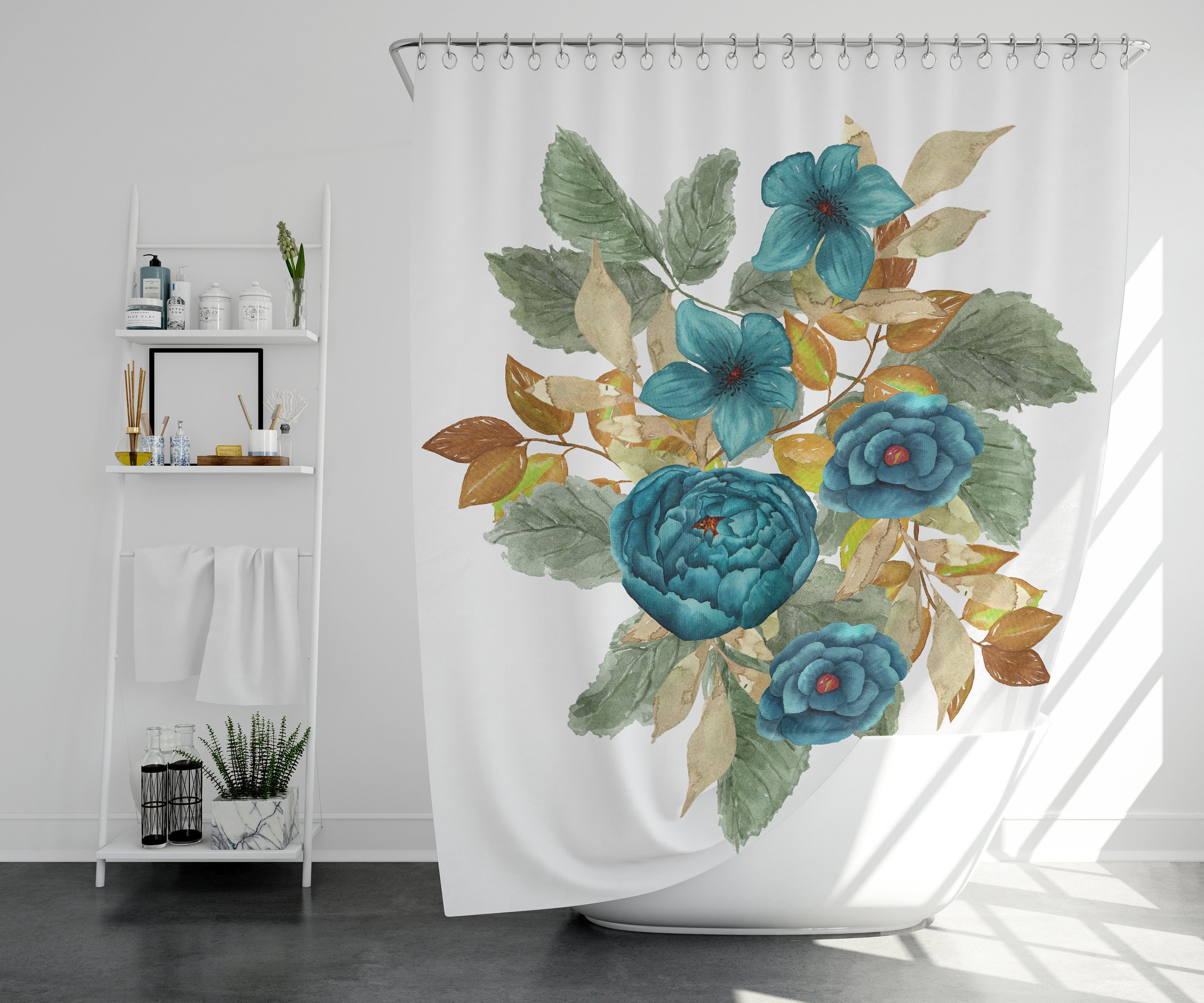 Blue Flowers Watercolor Wild Shower Bath Curtain for Bathroom Decor