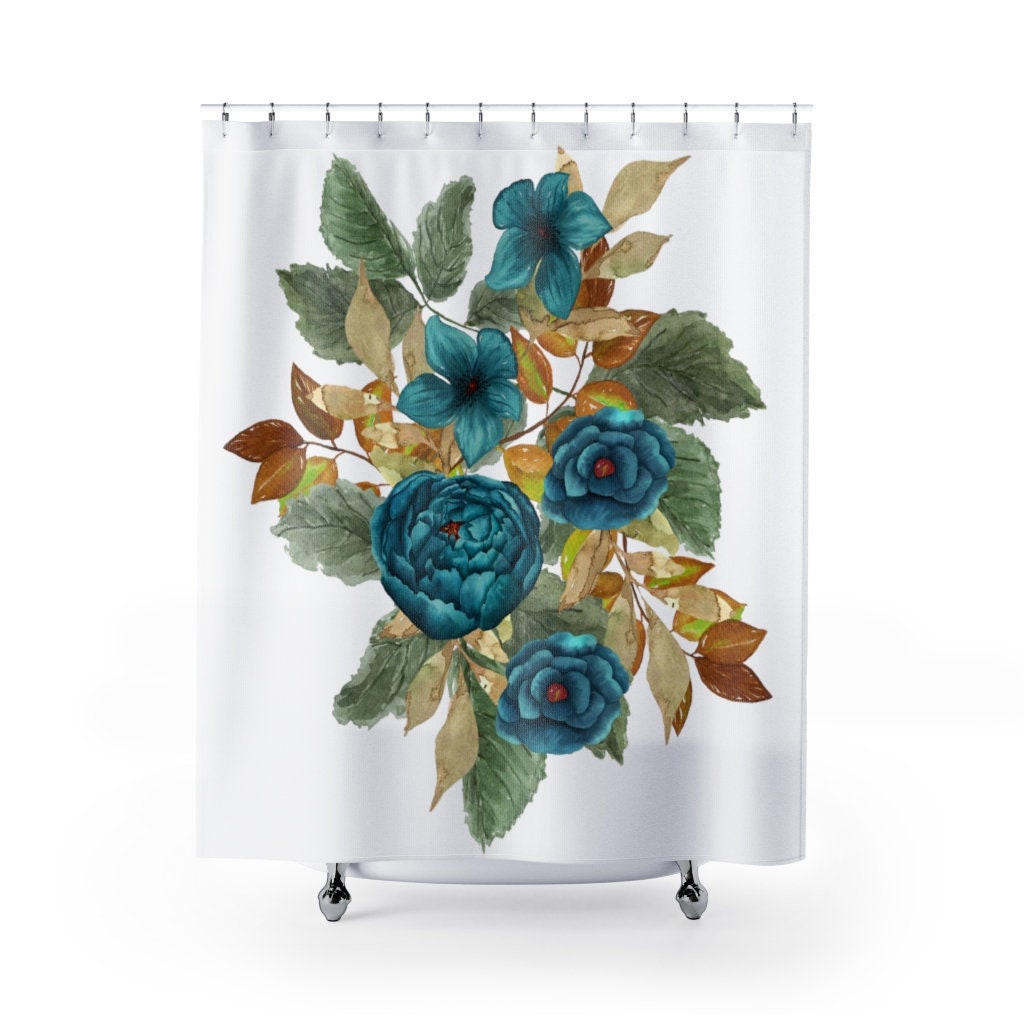 Blue Flowers Watercolor Wild Shower Bath Curtain for Bathroom Decor
