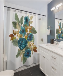 Blue Flowers Watercolor Wild Shower Bath Curtain for Bathroom Decor