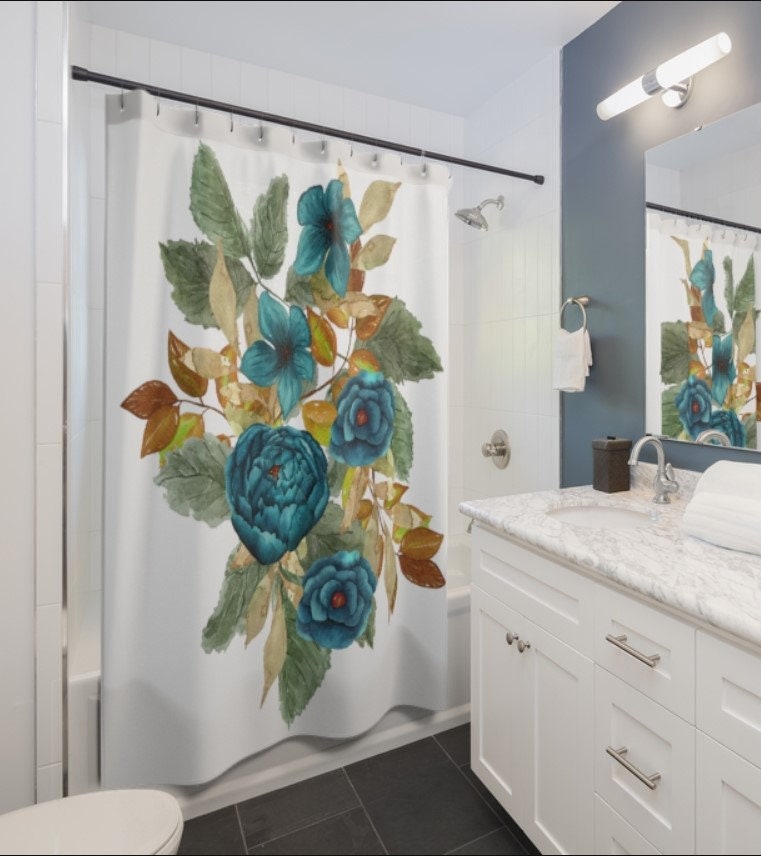 Blue Flowers Watercolor Wild Shower Bath Curtain for Bathroom Decor