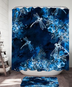Blue Flowers and Dragonflies X-Ray Shower Curtain for Unique Bathroom Decor 