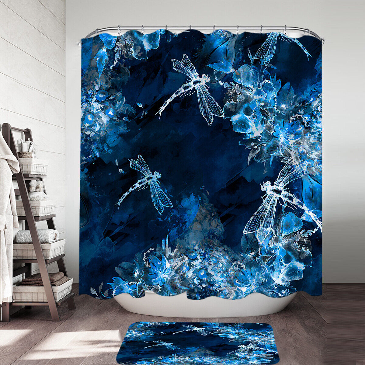Blue Flowers and Dragonflies X-Ray Shower Curtain for Unique Bathroom Decor