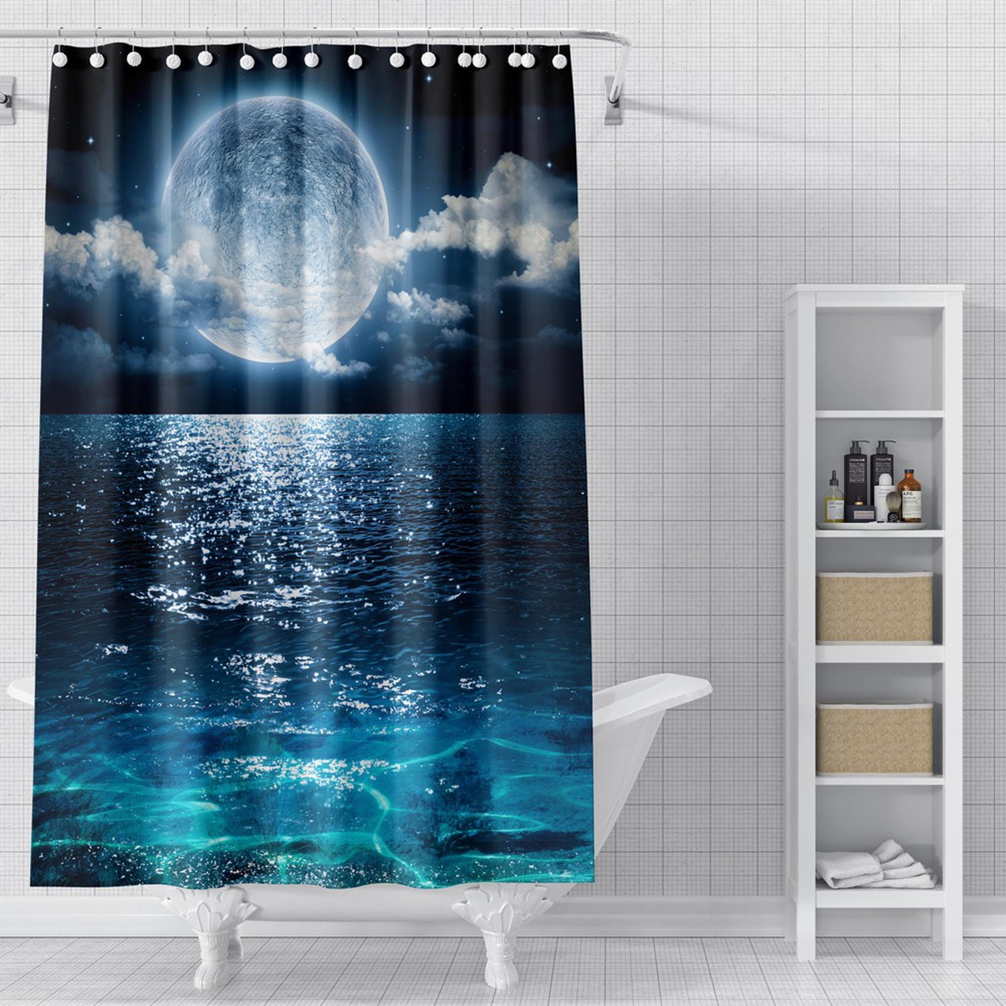 Blue Galaxy Ocean Full Moon Shower Curtain For A Space Lover'S Bath