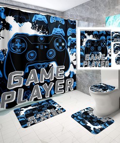 Blue Game Player Shower Curtain Boys Gaming Bathroom Decor Modern Waterproof Fabric Curtain