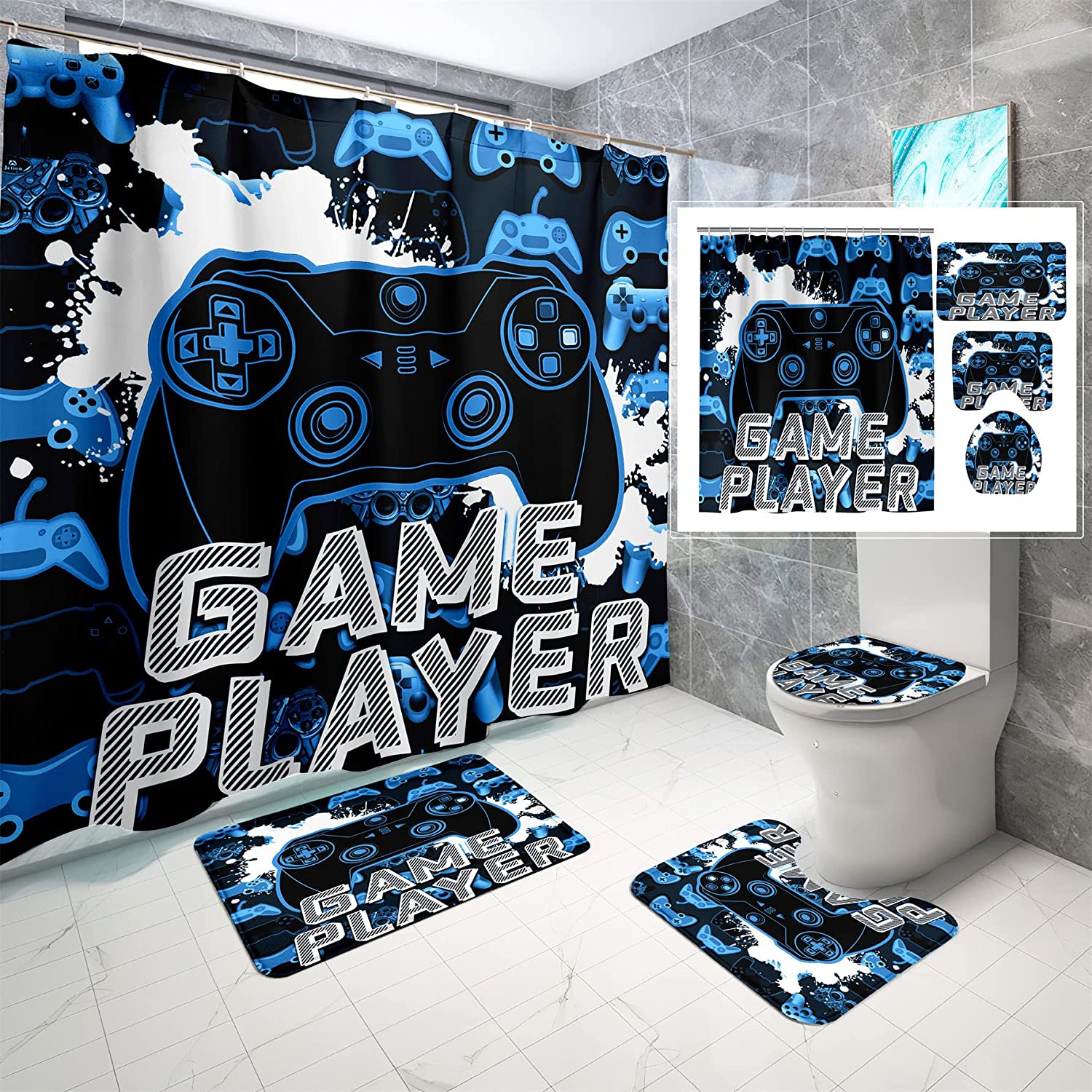 Blue Game Player Shower Curtain Boys Gaming Bathroom Decor Modern Waterproof Fabric Curtain