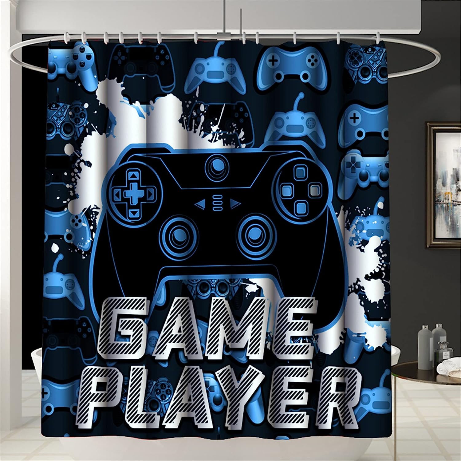 Blue Game Player Shower Curtain Boys Gaming Bathroom Decor Modern Waterproof Fabric Curtain