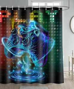 Blue Gaming Video Game Shower Curtain With Anime Gamer And Boys Teen Bathroom Decor