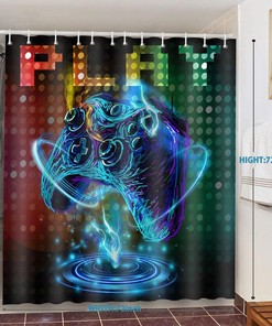 Blue Gaming Video Game Shower Curtain With Anime Gamer And Boys Teen Bathroom Decor