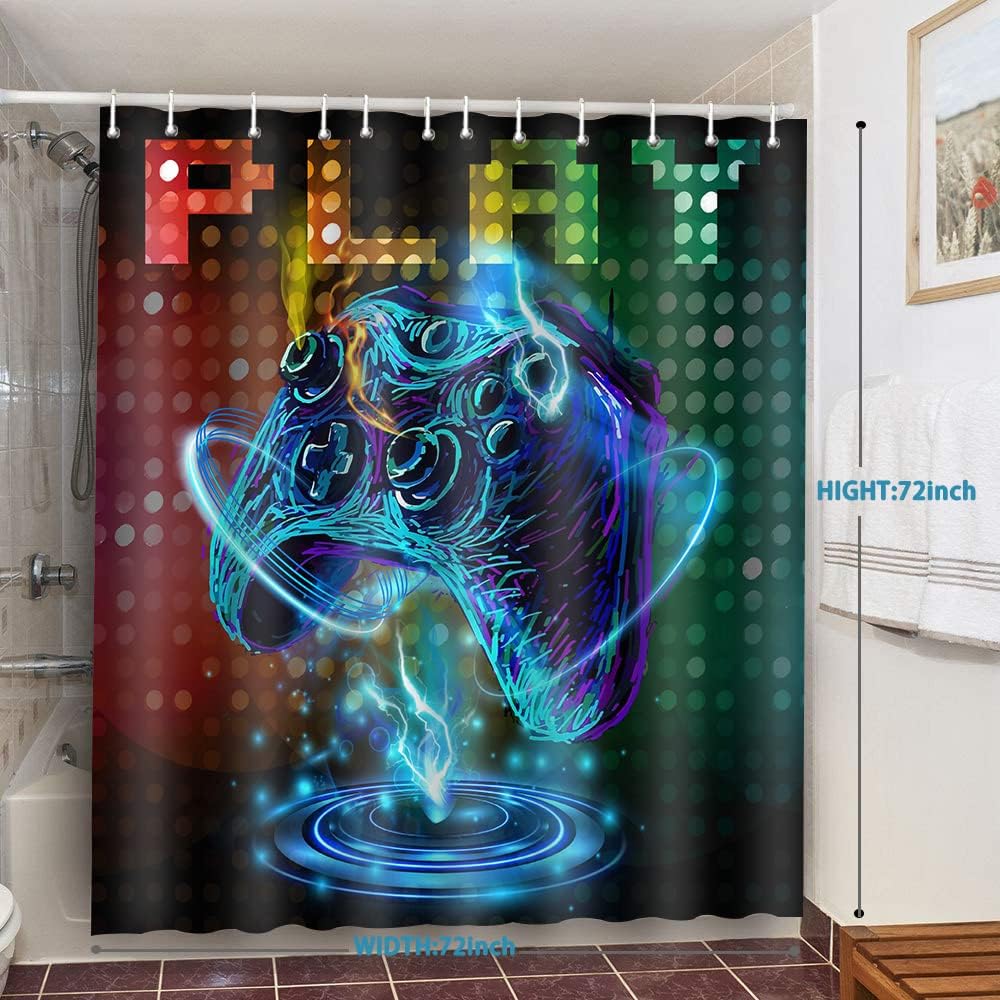 Blue Gaming Video Game Shower Curtain With Anime Gamer And Boys Teen Bathroom Decor