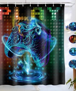 Blue Gaming Video Game Shower Curtain With Anime Gamer And Boys Teen Bathroom Decor