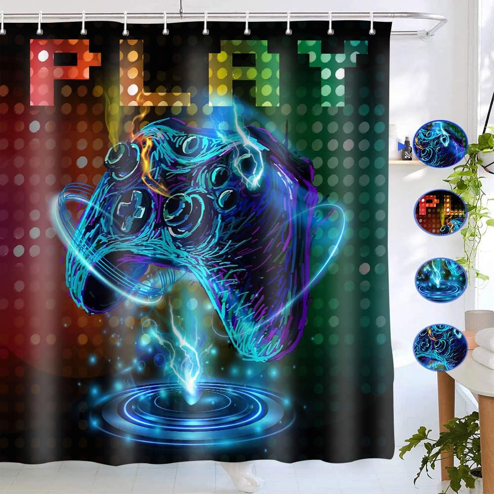 Blue Gaming Video Game Shower Curtain With Anime Gamer And Boys Teen Bathroom Decor