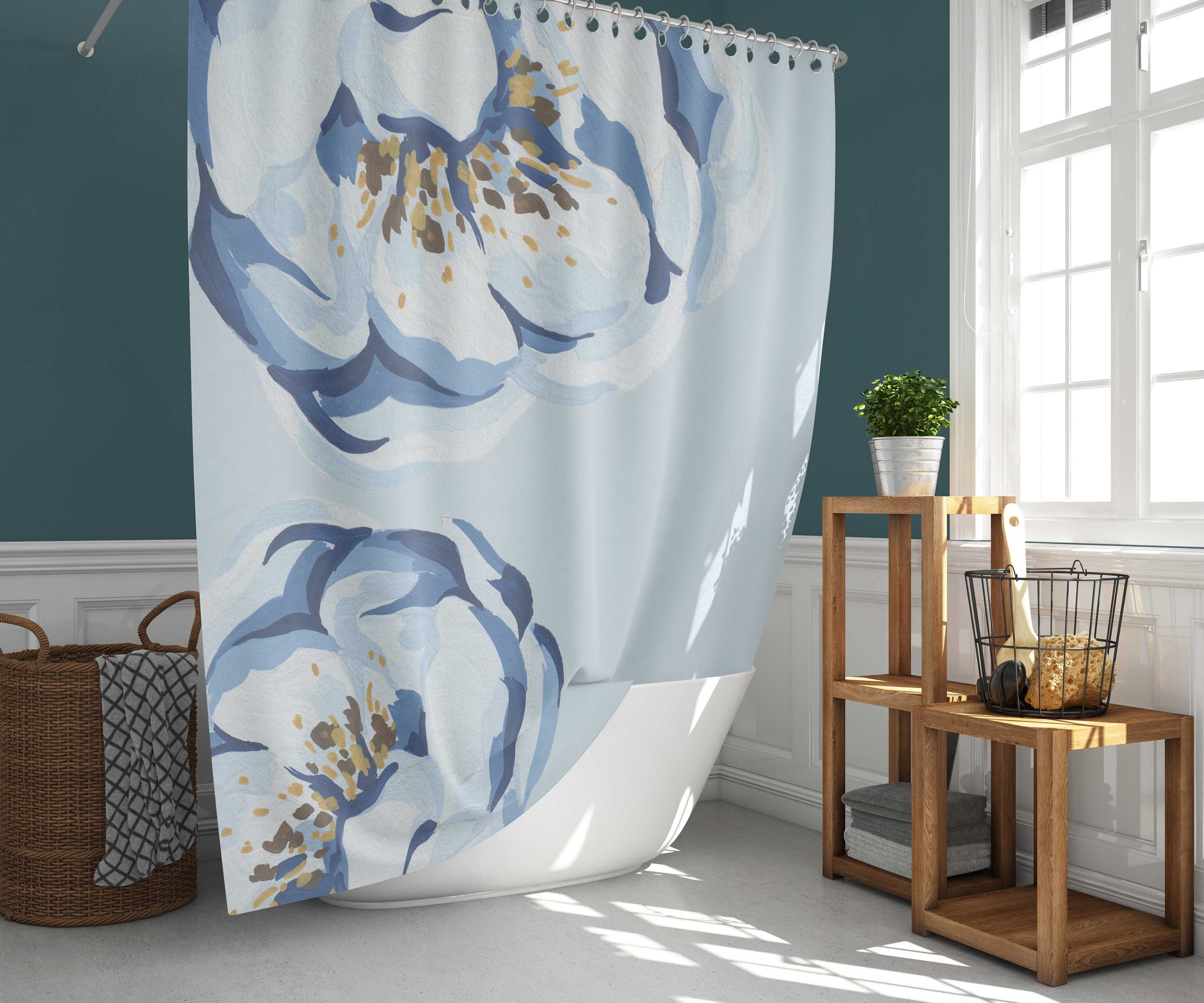 Blue Geometric Hippie Shower Curtain, Refreshing Bathroom Gift, Gold Orange