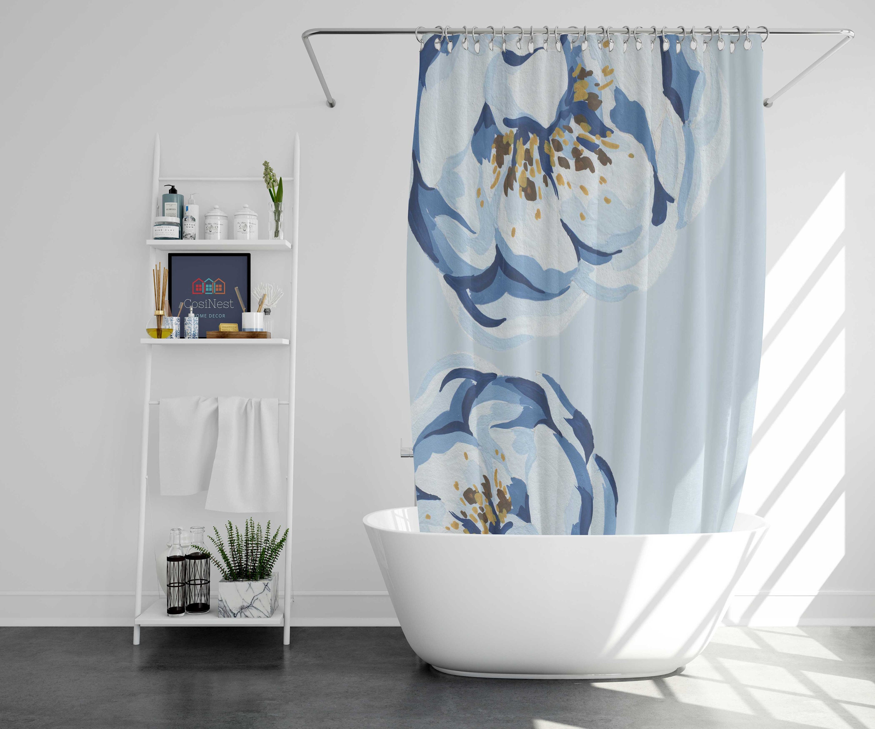 Blue Geometric Hippie Shower Curtain, Refreshing Bathroom Gift, Gold Orange - Image 2
