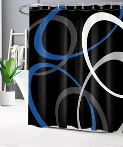 Blue Geometric Pattern Shower Curtain, Abstract Grey And White Circle On Black Fabric, Modern Minimalist Bathroom Decor