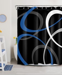 Blue Geometric Pattern Shower Curtain, Abstract Grey And White Circle On Black Fabric, Modern Minimalist Bathroom Decor