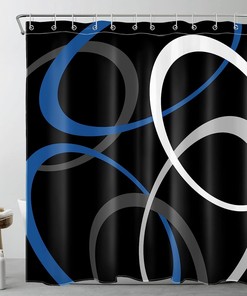 Blue Geometric Pattern Shower Curtain, Abstract Grey And White Circle On Black Fabric, Modern Minimalist Bathroom Decor