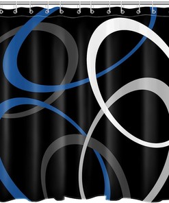 Blue Geometric Pattern Shower Curtain, Abstract Grey And White Circle On Black Fabric, Modern Minimalist Bathroom Decor