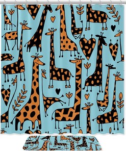 Blue Giraffe Animal Bathroom Set With Waterproof Fabric Shower Curtain