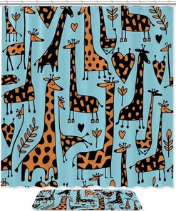 Blue Giraffe Fabric Shower Curtain For Bathroom, Print Design Curtain
