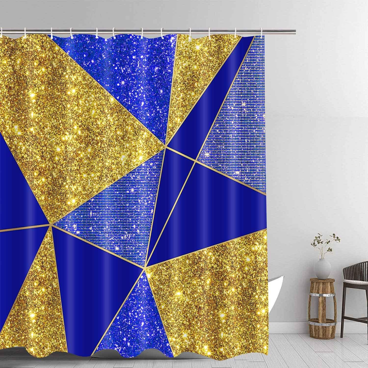 Blue Gold Geometric Glitter Pattern Shower Curtain, Stylish And Modern Bathroom Decor