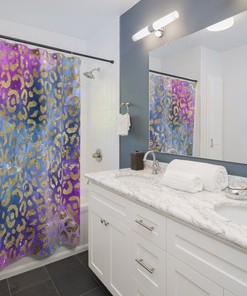 Blue & Gold Leopard Print Shower Curtain, Luxe Bathroom Decor